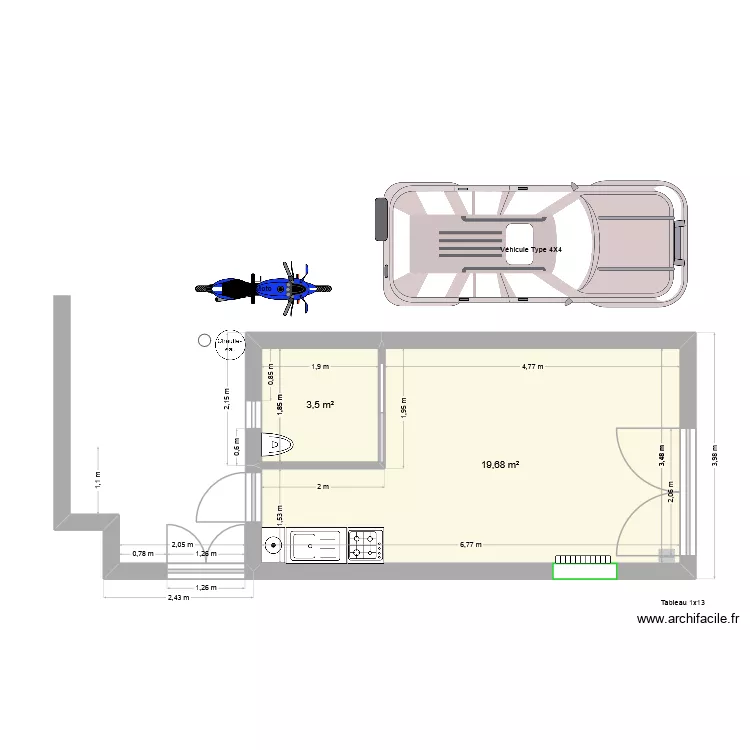 Studio 51. Plan de 2  et 23 m²