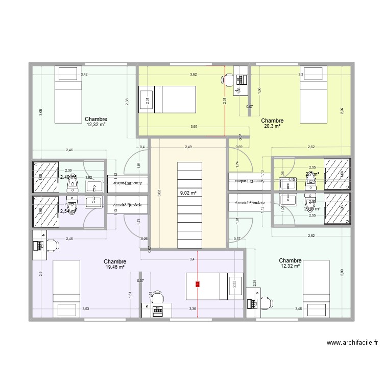 étage 4 chambre + 2 chambre enfant. Plan de 9 pièces et 84 m2