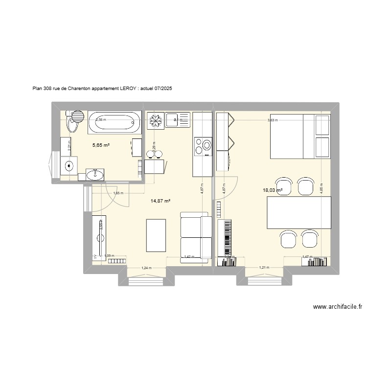 LEROY 308 actuel avant travauxtravaux V1. Plan de 3 pièces et 39 m2