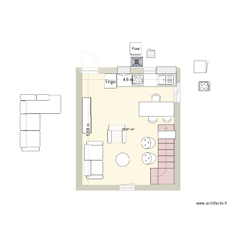cuisine-salon. Plan de 1 pièce et 26 m2