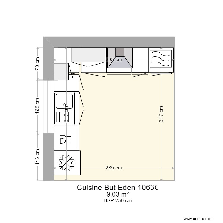cuisine But Eden. Plan de 1 pièce et 9 m2