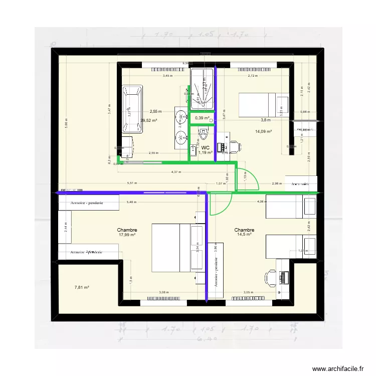 Etage 1 - Projet. Plan de 7  et 85 m²