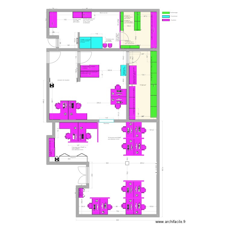 Option 2 avec bureau droit. Plan de 2 pièces et 30 m2