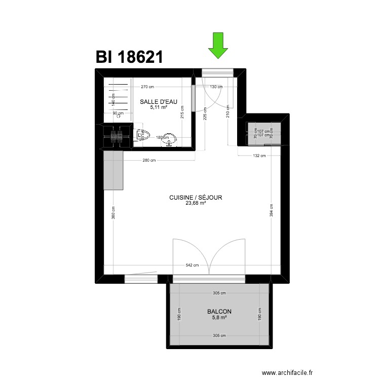 BI 18621. Plan de 5 pièces et 36 m2