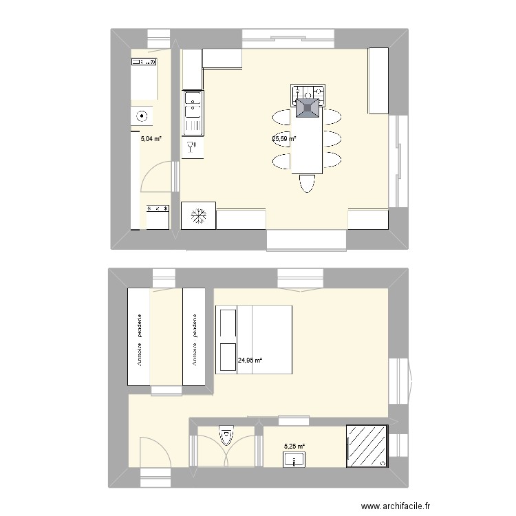 cuisine. Plan de 4 pièces et 61 m2