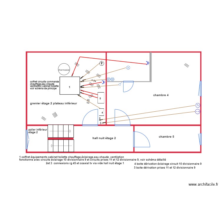 implantation étage 2. Plan de 5 pièces et 45 m2