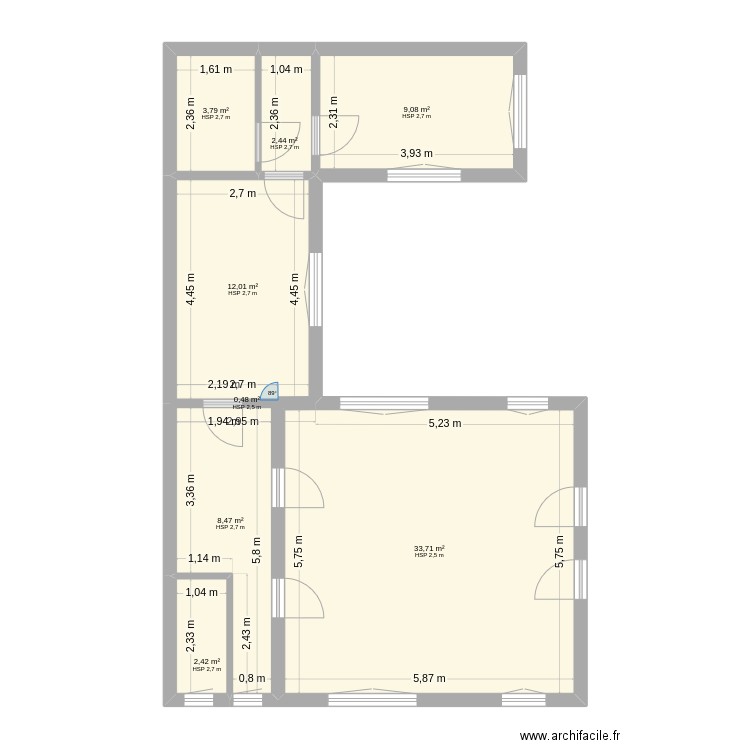 Cha2. Plan de 8 pièces et 72 m2