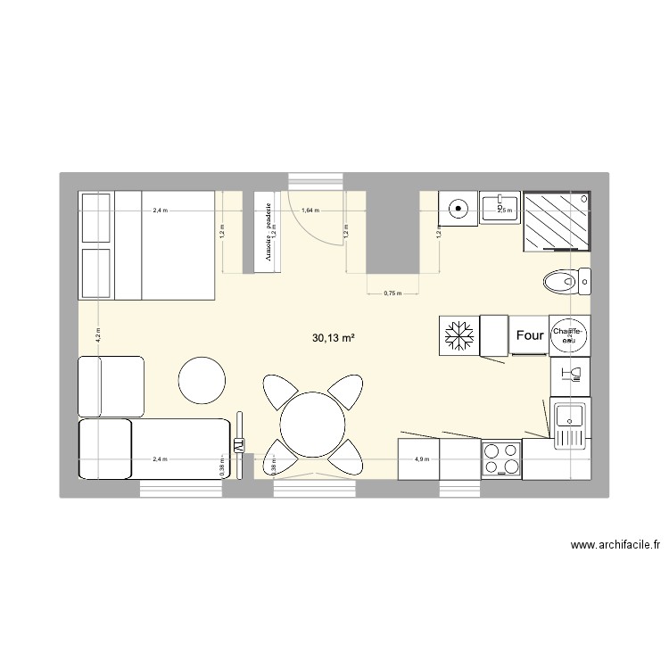 Biarritz 4 lit et couchage d'appoint. Plan de 1 pièce et 30 m2
