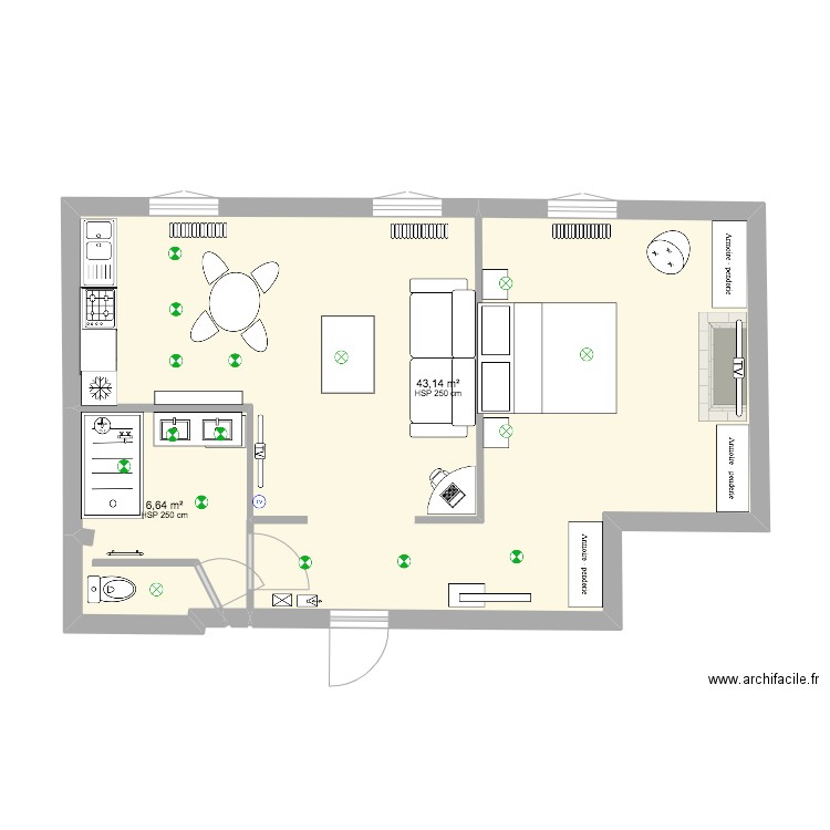 savonnerie. Plan de 2 pièces et 50 m2