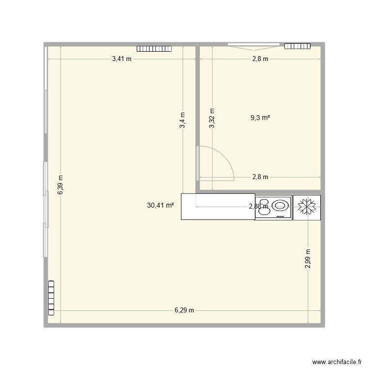Appartement. Plan de 2 pièces et 40 m2