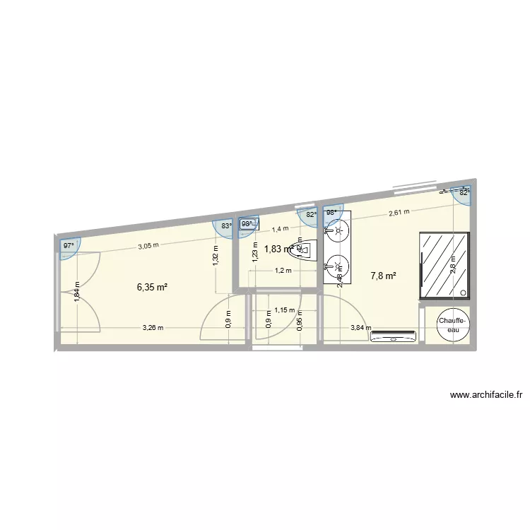 SDB. Plan de 3  et 16 m²