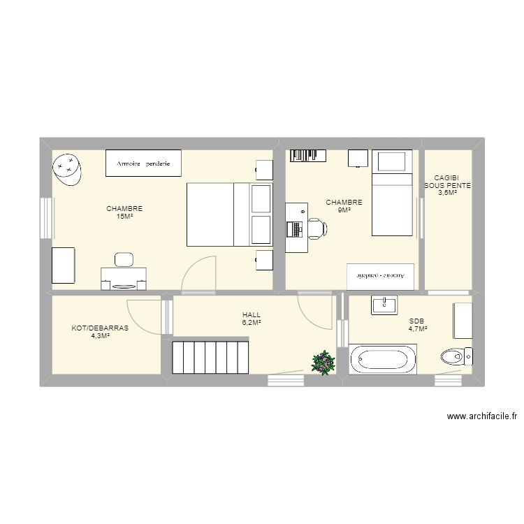 2ème ETAGE MAISON VERRERIES. Plan de 6 pièces et 42 m2