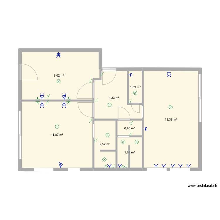 ET1,ET2. Plan de 8 pièces et 45 m2