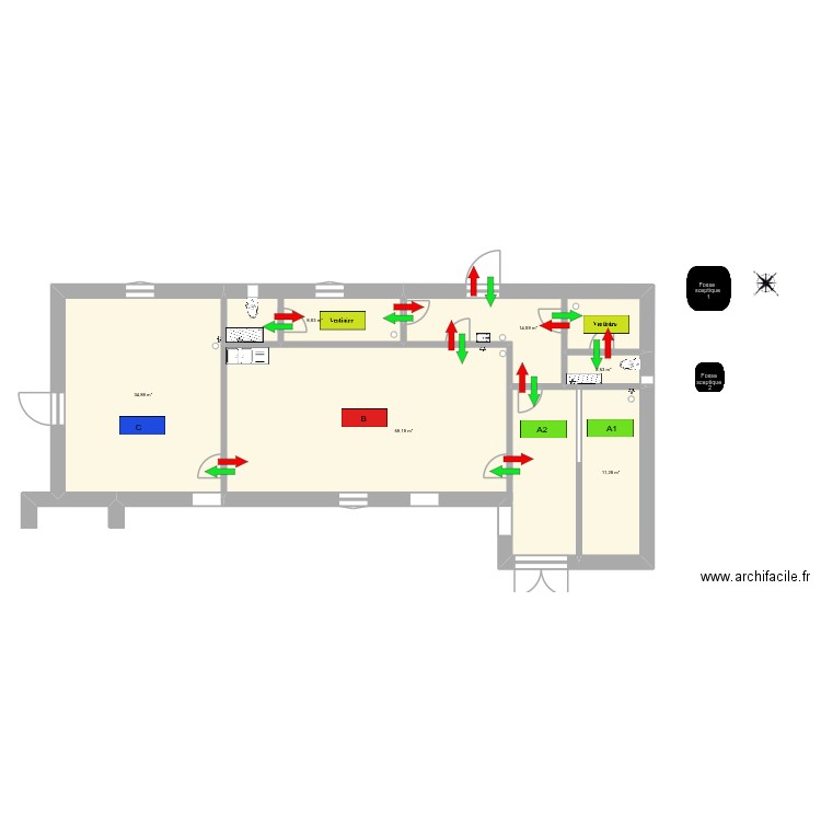 plan atelier sens de déplacement du personnel 25102025. Plan de 6 pièces et 131 m2