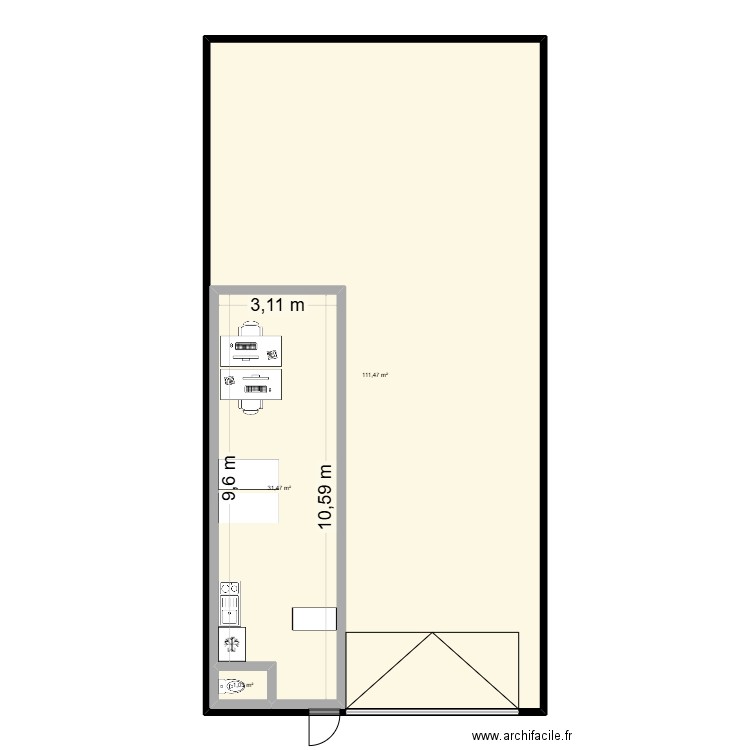 Entrepot. Plan de 3 pièces et 183 m2