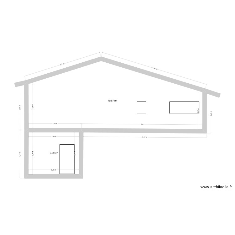 Maison 2, façade nord. Plan de 2 pièces et 50 m2