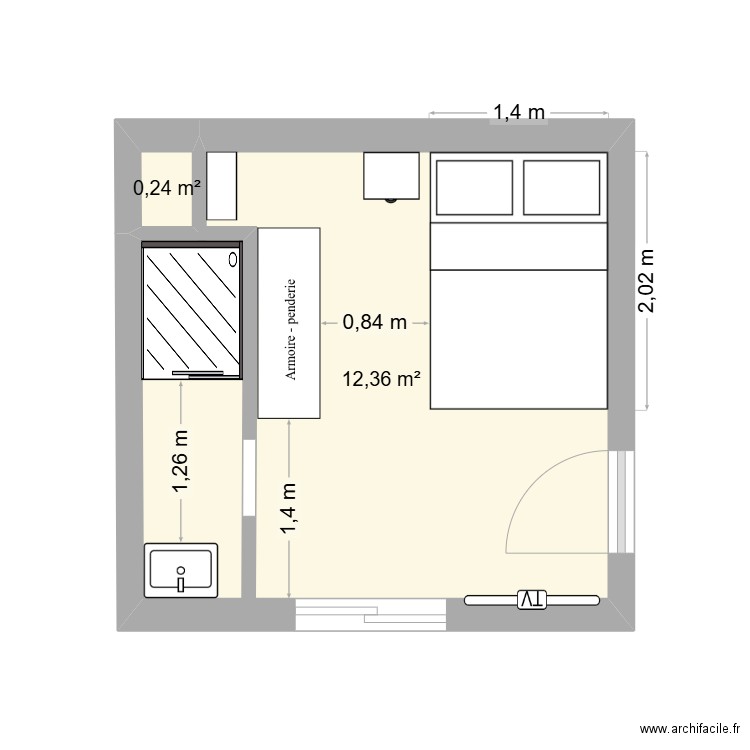 chambre Coline. Plan de 2 pièces et 13 m2