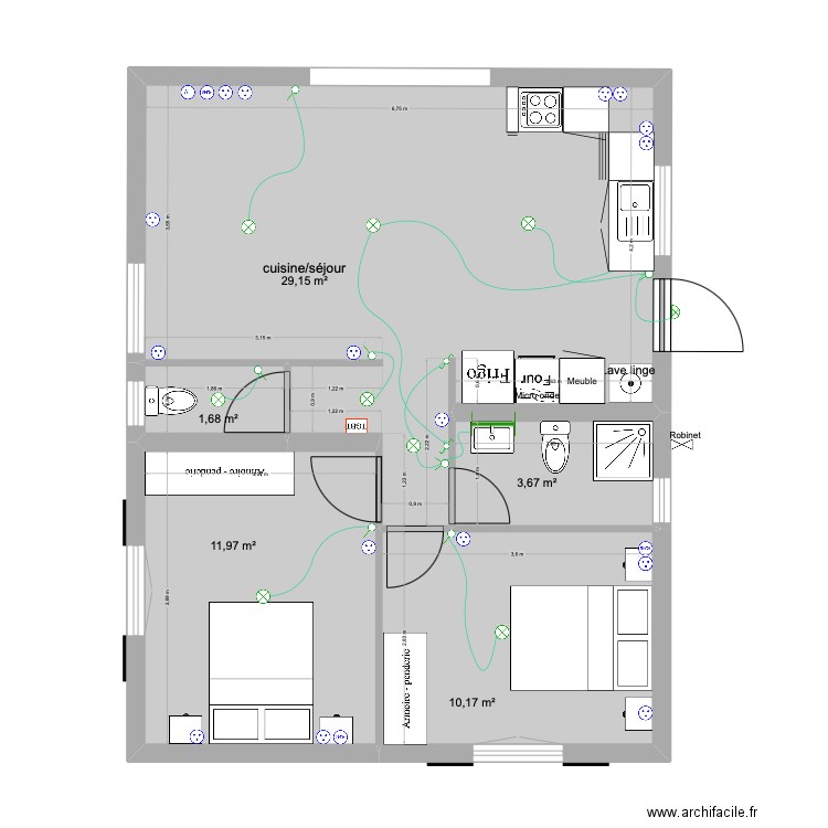 Virginius plan électrique. Plan de 5 pièces et 57 m2