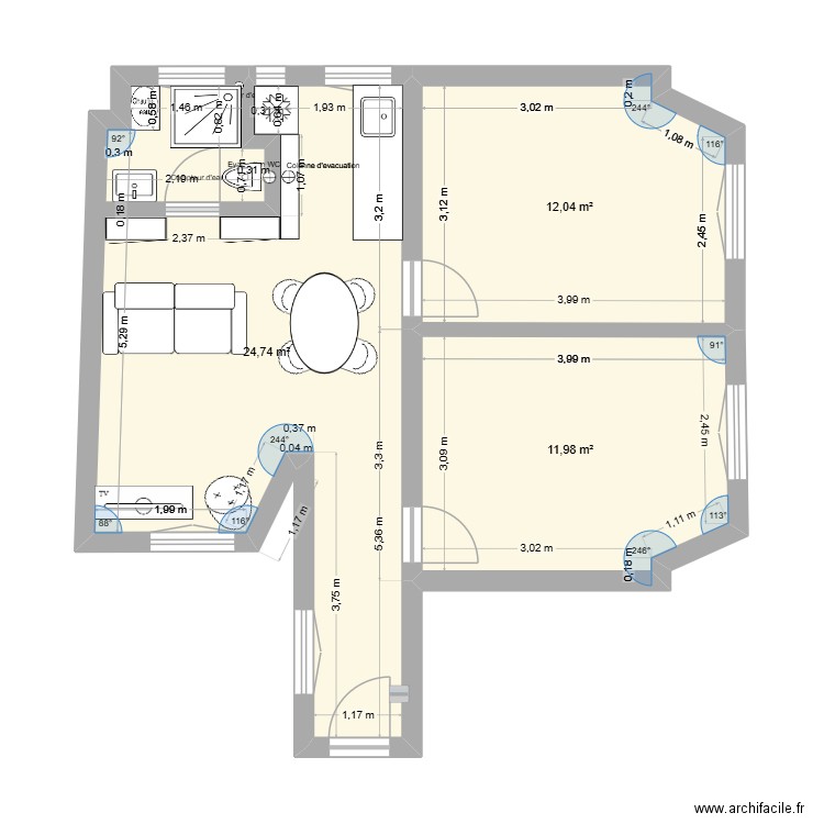 Paix plan amenagement. Plan de 3 pièces et 49 m2