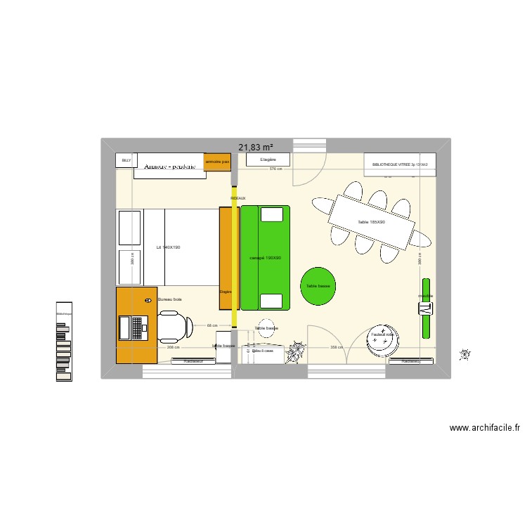 SALON ALCOVE AV ASSAS V3. Plan de 1 pièce et 22 m2