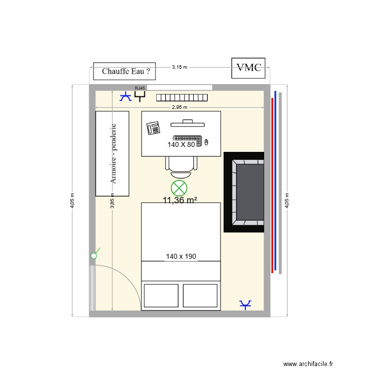Chambre 1er étage. Plan de 1 pièce et 11 m2