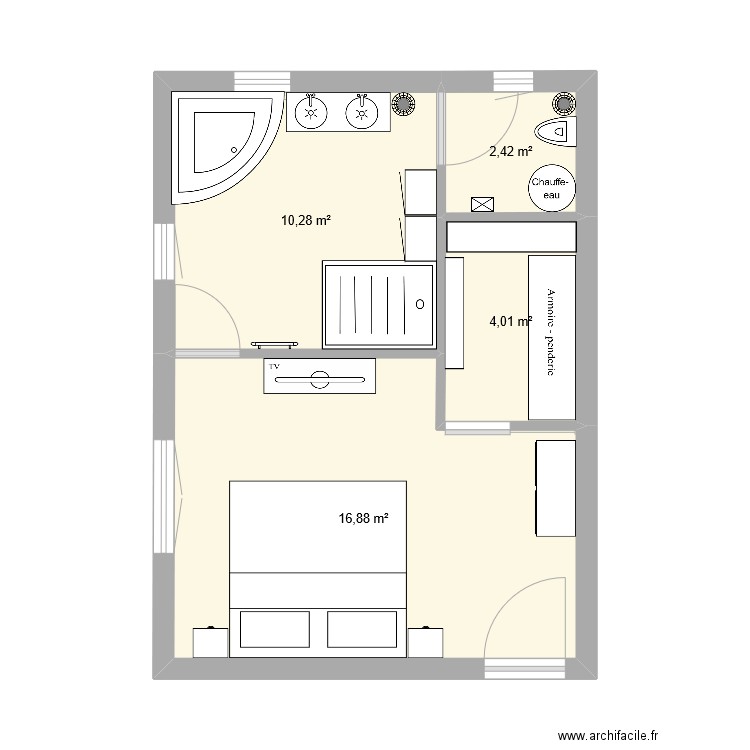 Chambre parental. Plan de 4 pièces et 34 m2