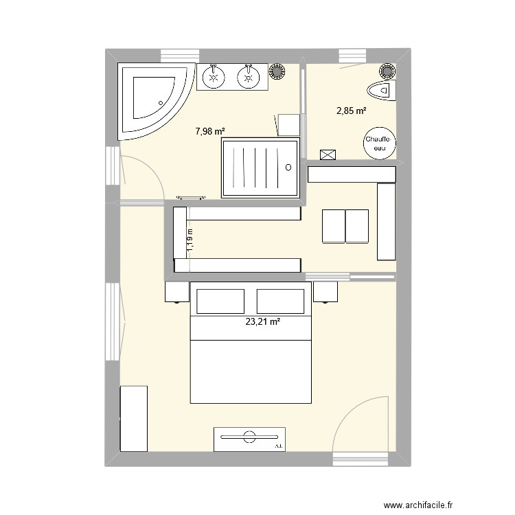 Chambre parental. Plan de 3 pièces et 34 m2