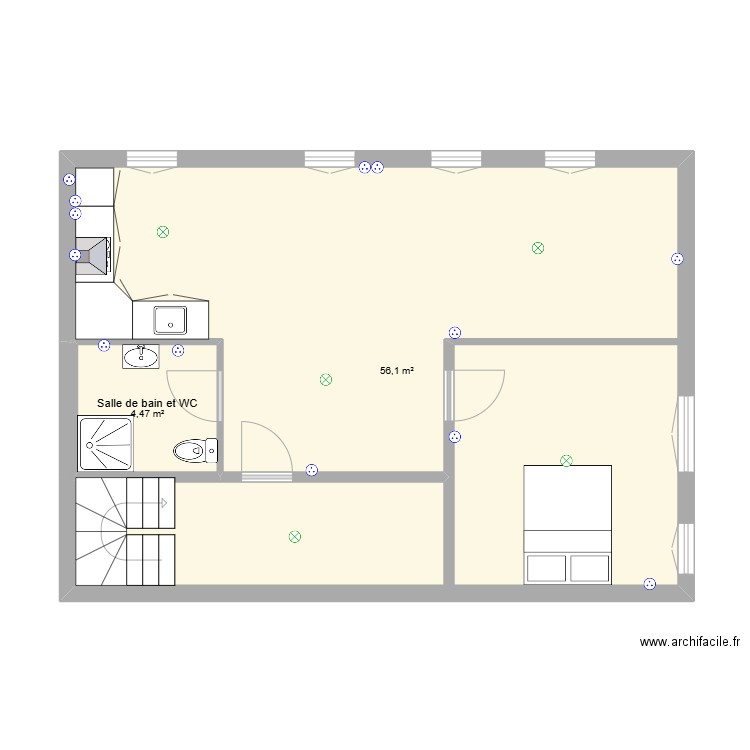 T2 coté cours. Plan de 2 pièces et 61 m2