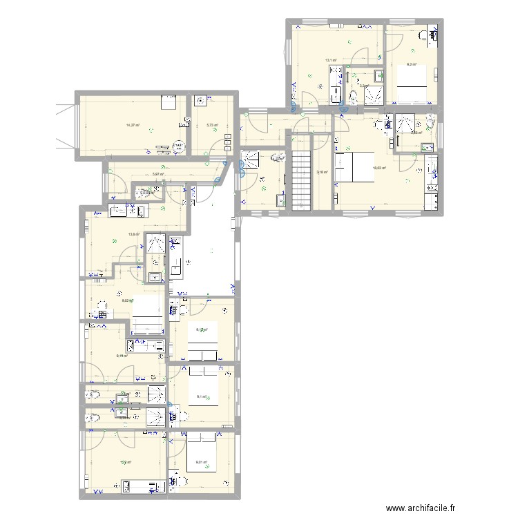 leon bollée sdb2. Plan de 20 pièces et 169 m2