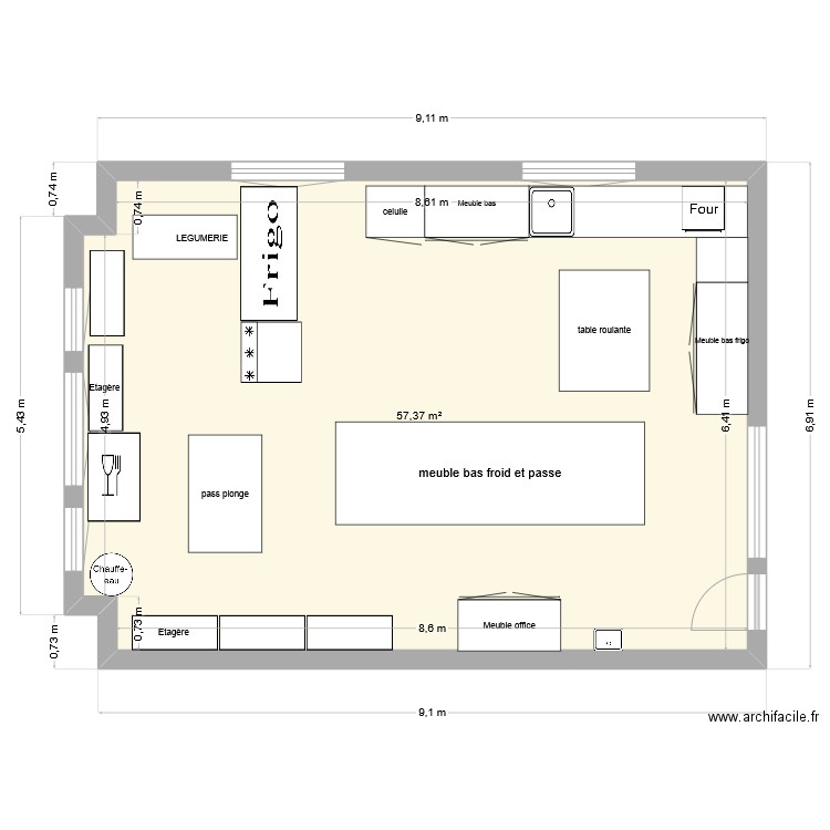 cuisine. Plan de 1 pièce et 57 m2