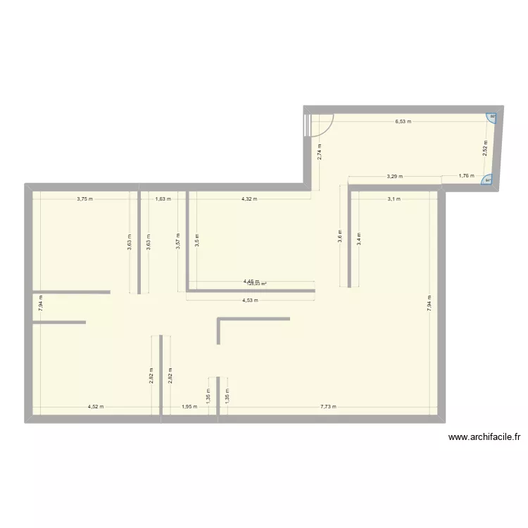 Plan avec cloisons actuelles. Plan de 1 et 129 m² Plan avec cloisons actuelles. Plan de 1 et 129 m²