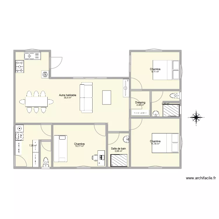 Maison U V3. Plan de 8  et 79 m²