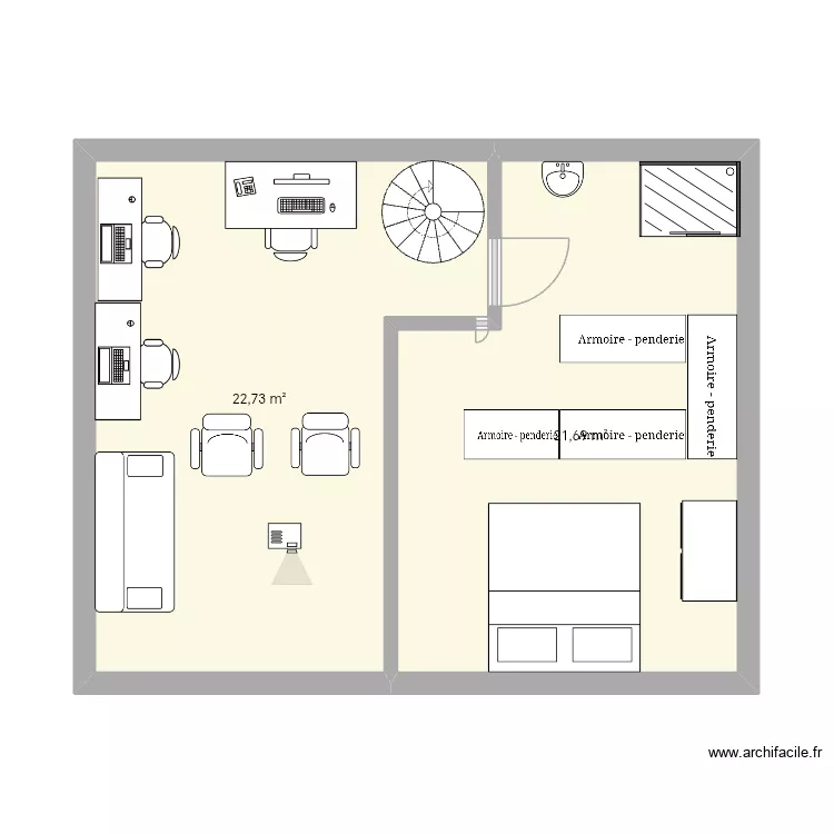 Grenier 2. Plan de 2 pièces et 44 m²
