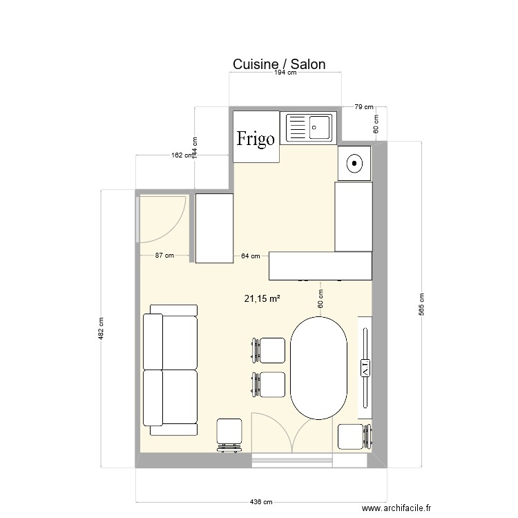 Cuisine Salon - tempo. Plan de 1 pièce et 21 m2