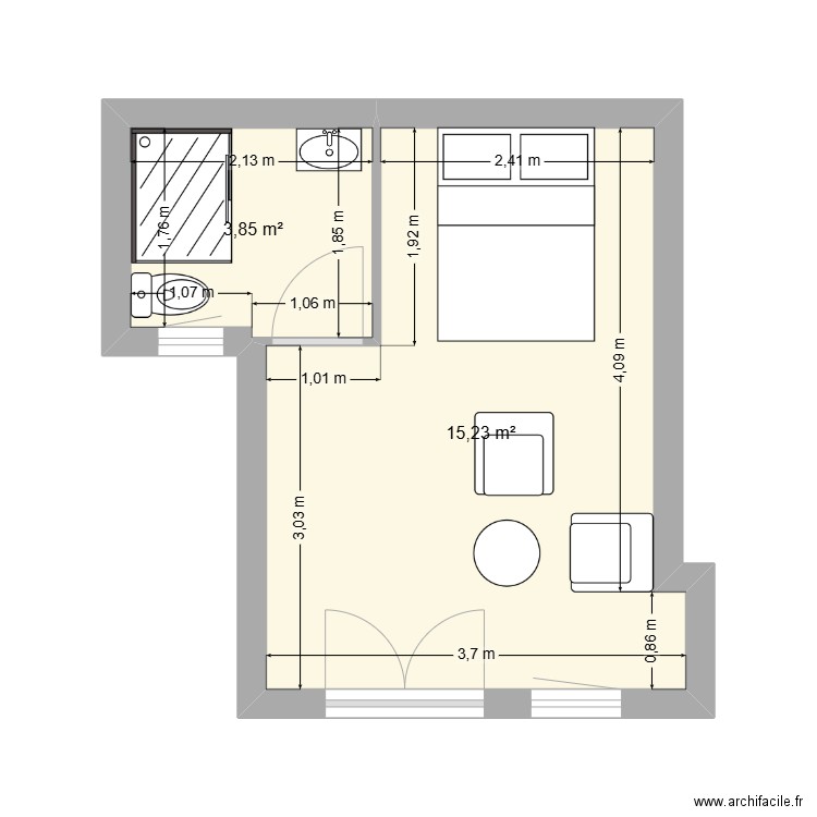 Levacher. Plan de 2 pièces et 19 m2