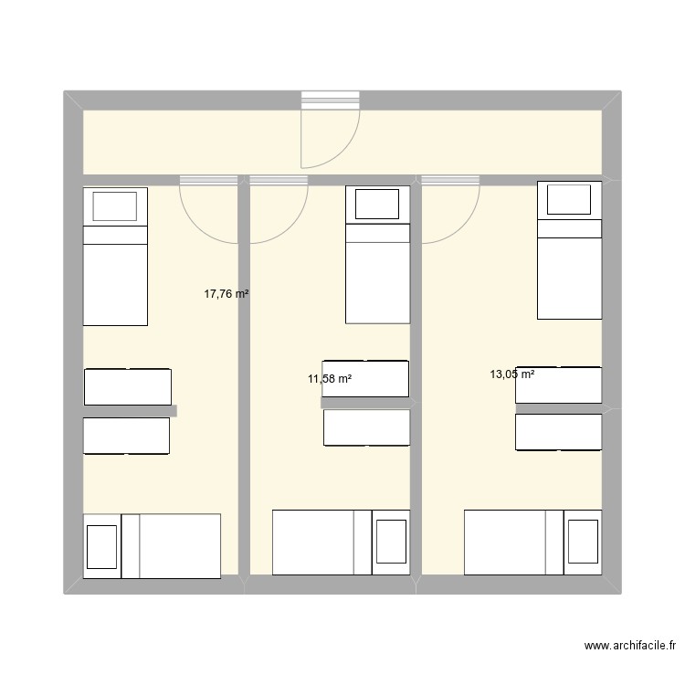 Chambre A002. Plan de 3 pièces et 42 m2