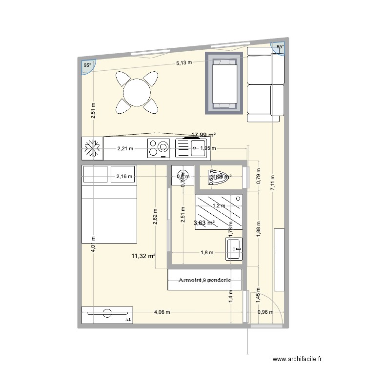 Appart 1. Plan de 4 pièces et 34 m2