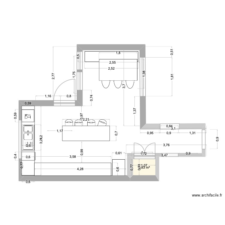 Cuisine Drolet mesure OK. Plan de 1 pièce et 1 m2