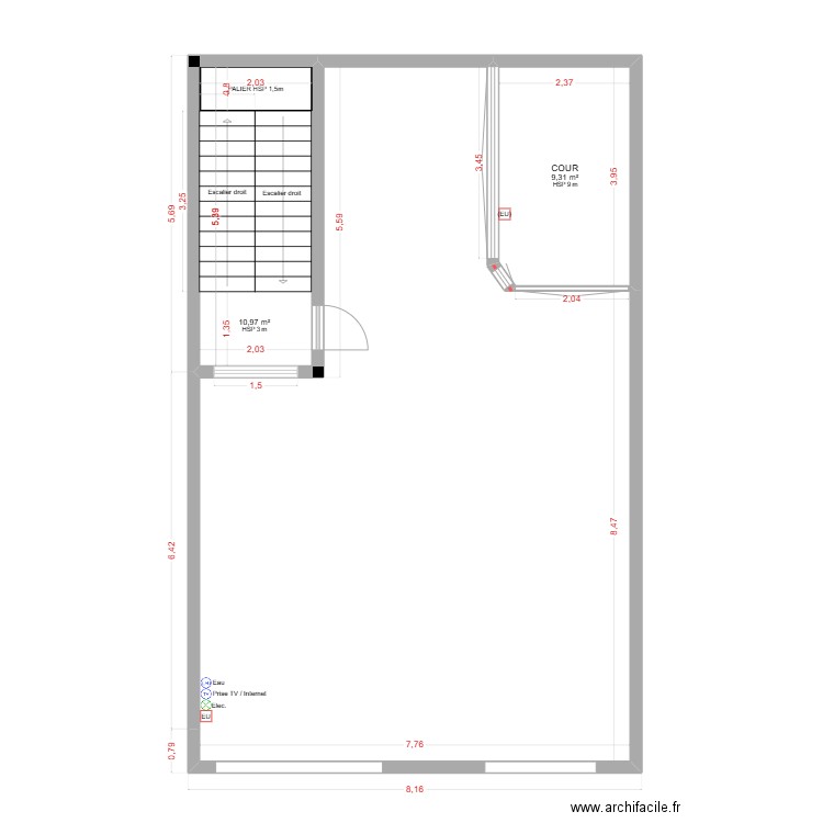 Terasse (R+2). Plan de 2 pièces et 20 m2