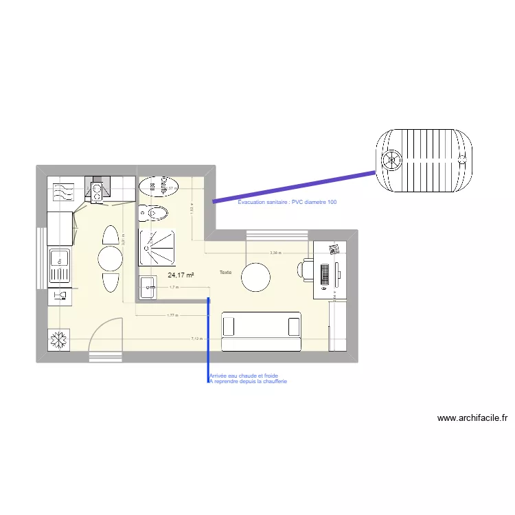 Studio Saint Chely. Plan de 1  et 24 m²