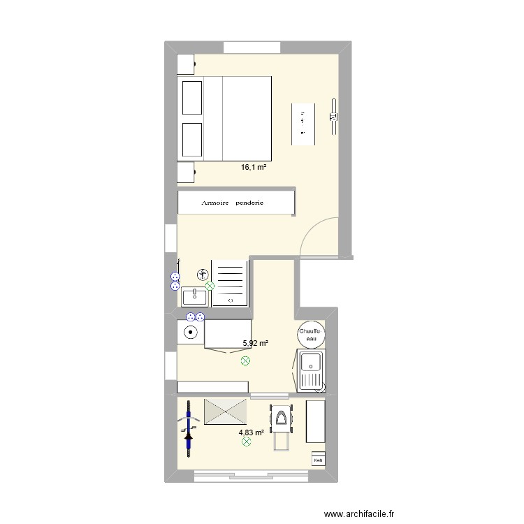 SUITE PARENTALE. Plan de 3 pièces et 27 m2
