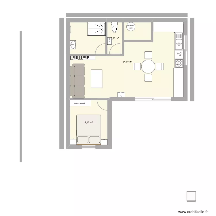 Appart. Plan de 3 Pièces et 44 m²
