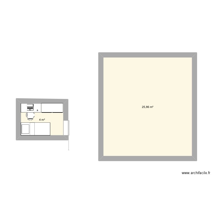 Chambre écartée. Plan de 2 pièces et 30 m2