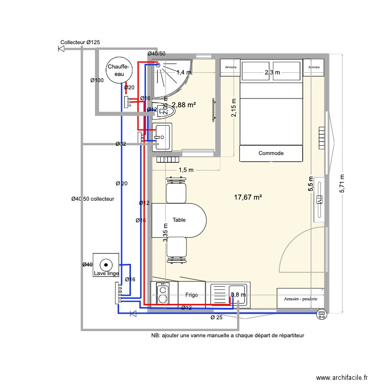 Chalet RDC Réseaux Eau. Plan de 2 pièces et 21 m2