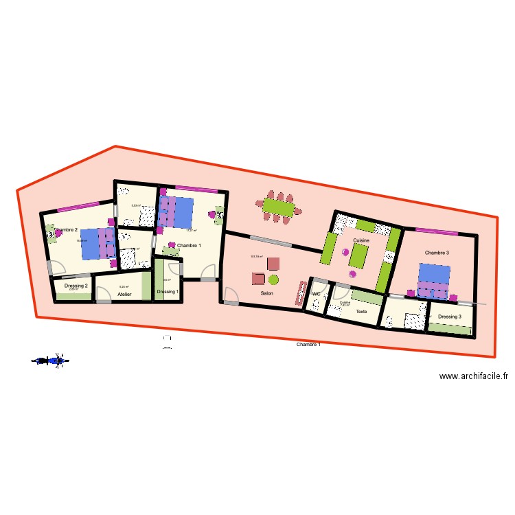 face bolong1. Plan de 8 pièces et 61 m2