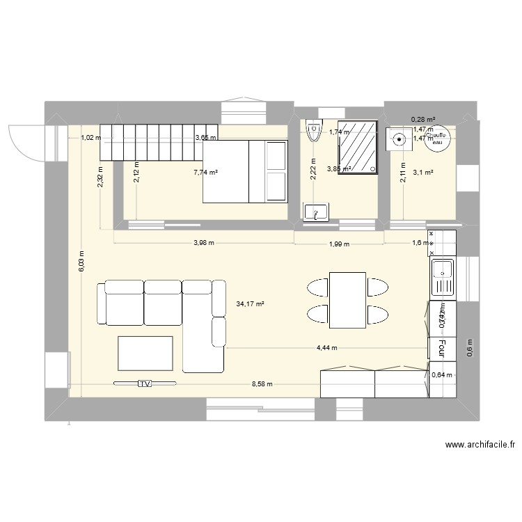 Beregerette. Plan de 5 pièces et 49 m2