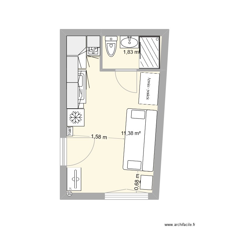 Studette parisienne. Plan de 2 pièces et 13 m2