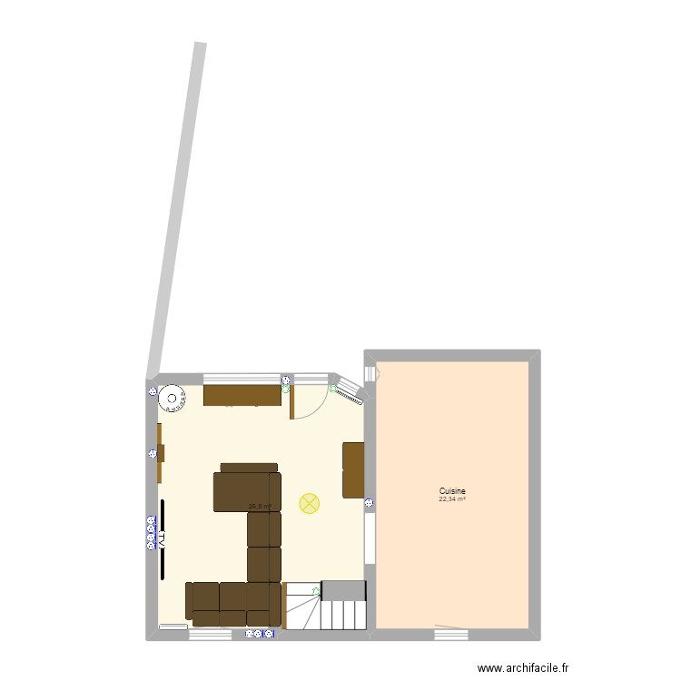 Maison Salon Prises. Plan de 2 pièces et 49 m2