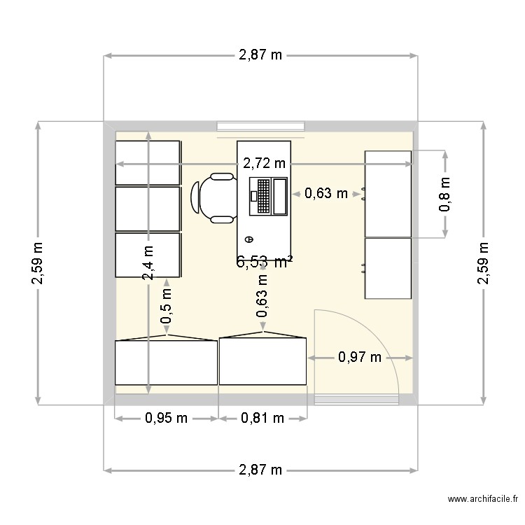 bureau. Plan de 1 pièce et 7 m2