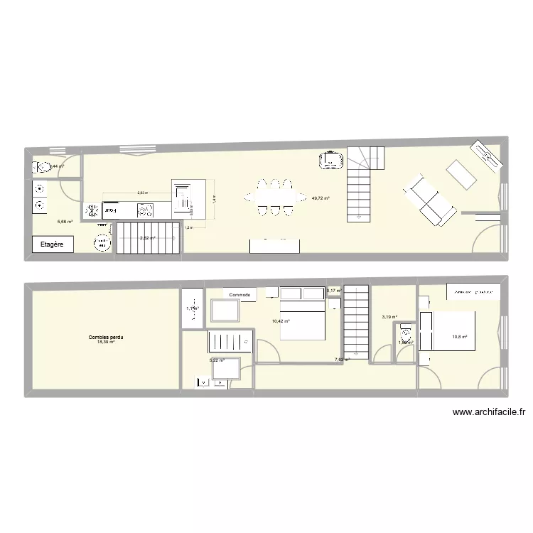 Escalier vertical sans terrasse. Plan de 13  et 117 m²